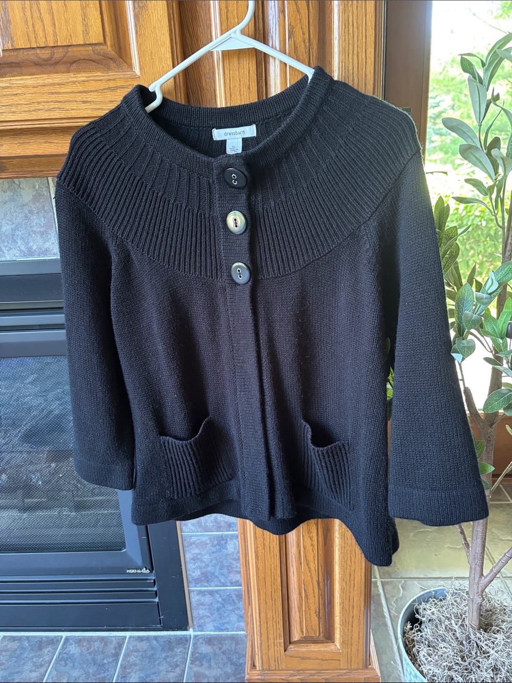 dressbarn Black Ribbed Yoke Button-Front Cardigan Jacket